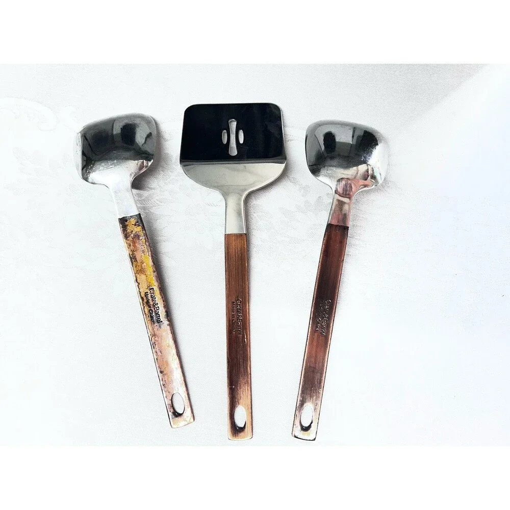 Crate & Barrel Copper Handle Stainless Steel Spoon Spatula Utensils 3 Pc Set